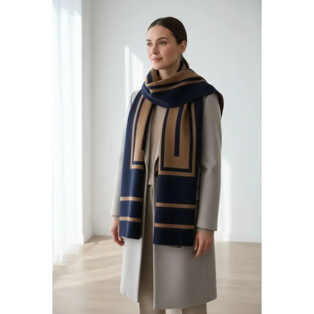 Vince Reversible Wool Scarf / Wrap – Navy & Camel Geometric Design - Picture 2 of 6